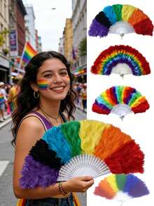 1件 2026 LGBTQ 驕傲派對彩虹天鵝絨羽毛扇，適用於舞台伸展台表演、音樂節、嘉年華慶典，時尚手持冷卻配件，Love Is Love 主題裝飾 - 彩色 - 查看 3
