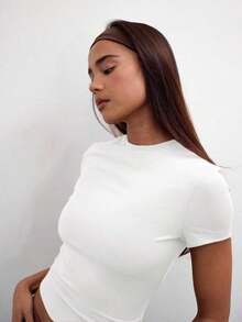 Camiseta casual de manga corta con efecto ceñido para vacaciones, aeropuerto, vuelta al cole, elegante para primavera y verano - Blanco - Ver 5