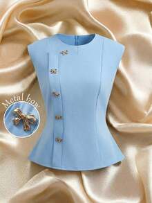 Top sin mangas para mujer con cuello redondo, cintura ceñida y lazo metálico - Azul - Ver 3