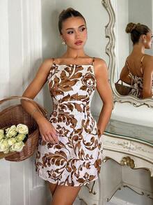 Vestido de mujer sin tirantes con decoración jacquard y floral 3D, vestido de té de lujo para banquetes y fiestas, vestido de princesa francés elegante con espalda descubierta y recortes, sexy y elegante para verano - Marrón - Ver 3