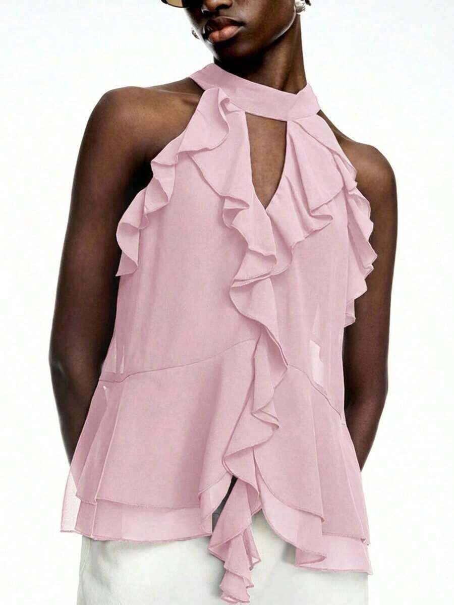 Elegant Solid Color Halter Top With Ruffles For Women - Rose - View 1