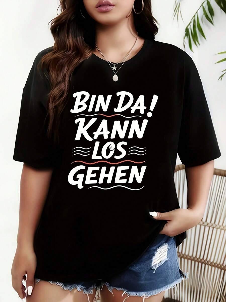T-Shirt With Handwritten Text In White Decorated With Red And Black Wavy Lines, Printed With The German Phrase "I'm Ready! I Can Go!", Conveying An Aura Of Confidence And Readiness, Visually Striking And Full Of Energy. Black Short-Sleeved Crew Neck Printed T-Shirt - Machine Washable, Casual Style, Comfortable Fit, Modern Design, Versatile For Everyday Wear, Soft Fabric, Current Style. - 黑色 - 查看 1
