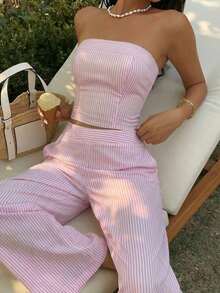 Conjunto de top bandeau a rayas amarillas y pantalones de cintura alta para mujer, ajustado, de moda y versátil para la calle, vacaciones, primavera/verano - Púrpura malva - Ver 3