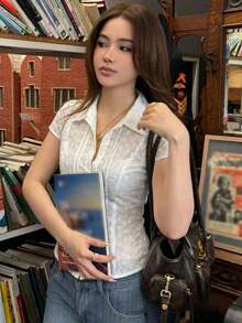 Blusa blanca de manga corta ajustada con cuello para mujer, de unicolor, para el verano - Blanco 4 - Ver 5