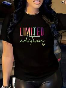 Camiseta de Mujer Edición Limitada - Estampado Colorido y Atrevido, Cuello Redondo Talla Grande, Tejido Elástico Lavable a Máquina para Primavera Verano Otoño, Camisetas Casuales, Prenda Diaria, Blusa Impresa, Duradera y Moderna - Negro - Ver 3