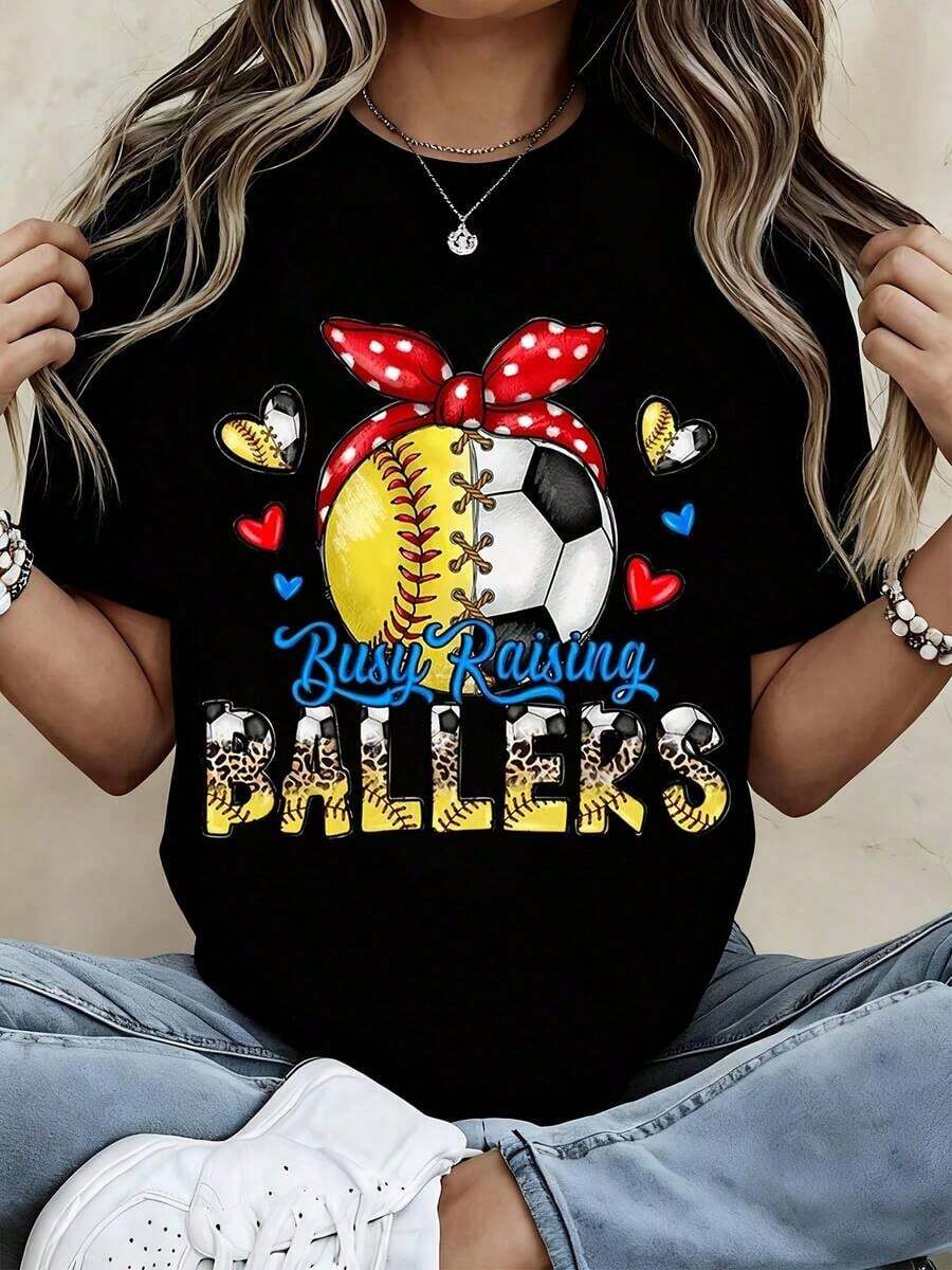 1 Piece Women's Round Neck T-Shirt With Softball And Soccer Ball Print With Red Bow And Hearts, Short Sleeve, Casual Style, For Sporty Moms And Fans, 180g 100% Cotton. - 黑色 - 查看 1