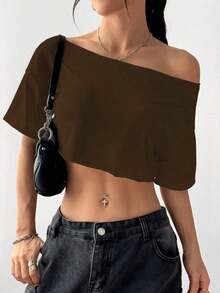 Top corto asimétrico de mujer con cuello blanco y flecos, camiseta de manga corta de moda versátil Y2K oversize y sexy, para primavera/verano - Marrón - Ver 1