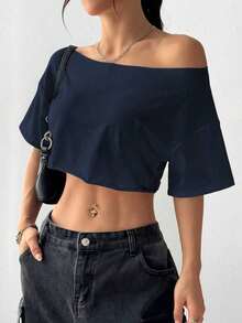 Top corto asimétrico de mujer con cuello blanco y flecos, camiseta de manga corta de moda versátil Y2K oversize y sexy, para primavera/verano - Azul marino - Ver 4
