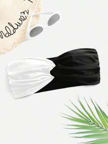 Top de bikini bandeau de un solo color con efecto retorcido - Blanco y Negro - Ver 4