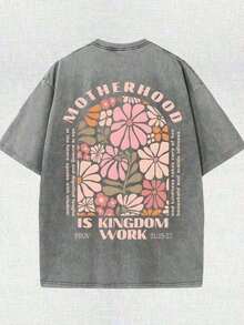Tops de Verano 2026: Camiseta Gris Retro Lavada con Estampado a Doble Cara (Camiseta de Algodón Puro de 230g) con Diseño Gráfico Cristiano "La Maternidad es Trabajo de Reino" y Proverbios 31:25-27 y Diseño Floral, Camiseta Cómoda y a la Moda, Estilo Urbano, Camisetas de Algodón Holgadas y Cómodas, Camiseta con Cuello Redondo Estampada Y2K para Mujer, Vacaciones, Primavera, Festival, Camisetas Gráficas. - Blanco - Ver 2