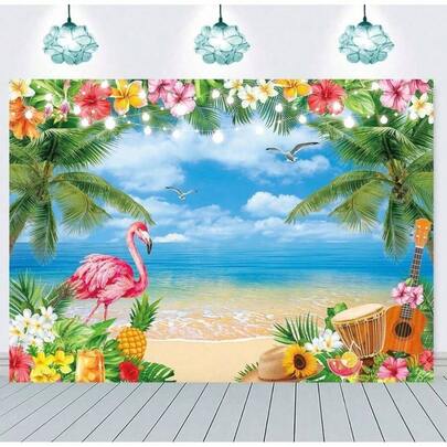 1 pièce Toile de fond de photographie d'arrière-plan tropical de plage hawaïenne avec palmiers, flamants roses. Bannière de ciel bleu océan Aloha pour la décoration de fête d'anniversaire de plage hawaïenne, décoration de la maison, décoration de la chambre, décoration murale, toile de fond d'anniversaire, toile de fond de fête, suspension murale, toile de fond de photomaton, tapisserie d'anniversaire, tapisserie décorative, toile de fond de célébration, toile de fond de remise des diplômes, toile de fond de mariage, toile de fond de vacances, fond photographique, décoration de fête, fournitures de toile de fond et idées cadeaux