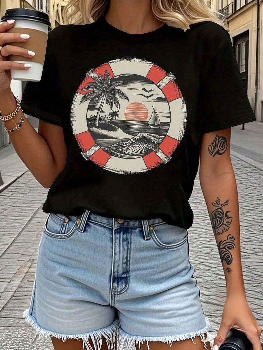 Women's Short Sleeve T-Shirt - Tropical Beach Scene With Lifeguard Graphic, 100% Cotton Casual T-Shirt With Comfortable Fit, Palm Tree And Sailboat Design, Machine Washable All-Season Top, Women's Beachwear - 黑色 - 查看 1
