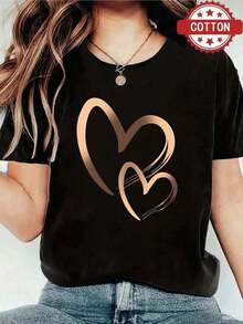 1pieza Blusas Hermosas para Mujeres Blusas Elegantes para Damas Ropa para Mujeres Tops para Mujeres Camiseta con Estampado de Corazón de 180G en Blanco y Negro con Estampado de Corazón Dorado de Alta Calidad Cuello Redondo Ajuste Básico Holgado Transpirable Versátil Lavable en Máquina Cómodo Talla S ~ 2XL Esencial para el Verano Diario Casual Deportivo. - Negro - Ver 9