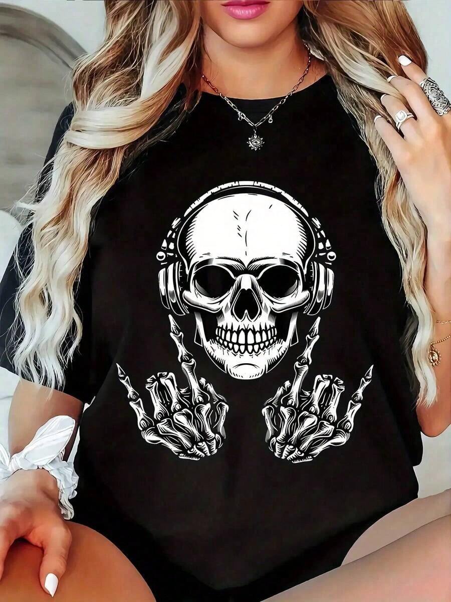 100% Cotton Women's Casual T-Shirt With Graphic Print - Skull And Headphones Design, Stretch Fabric, Round Neck Short Sleeve For Spring/Summer, Machine Washable, Comfortable Fit, Casual Wear, Bold Fashion, Lightweight Stretch - 黑色 - 查看 1