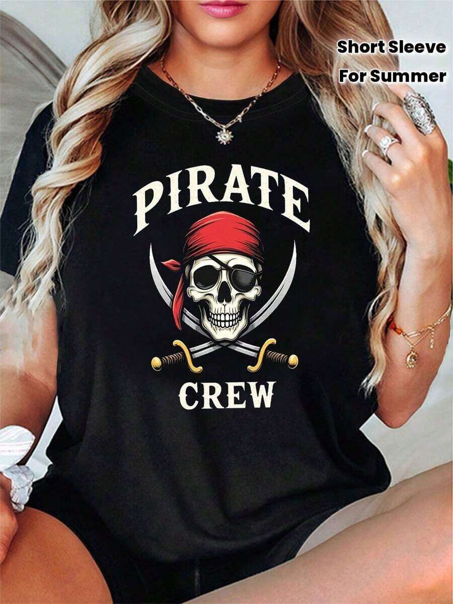 100% cotton Camiseta PIRATE CREW con Estampado de Letras, Manga Corta y Cuello Redondo Casual para Primavera y Verano, Ropa de Mujer - Negro - Ver 1