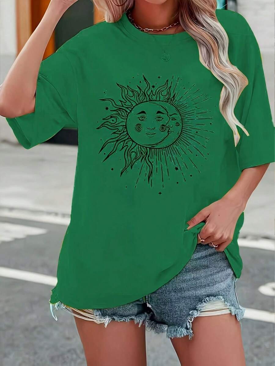 Talla Grande, Camiseta Estampada de Corte Holgado para Mujer de Talla Grande - Verde - Ver 1