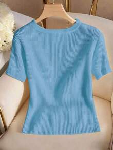 Camiseta de mujer elegante y casual de cuello en V y manga corta - Azul - Ver 2