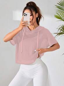 Sudadera deportiva con capucha, holgada, con hombro caído, manga corta y perspectiva suelta de unicolor para mujeres - Rosa - Ver 7