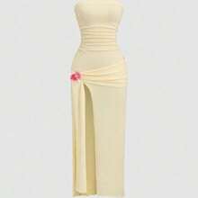 Sweetro Ruched High Slit Bandeau Bodycon Dress, Elegant - Negro - Ver 2