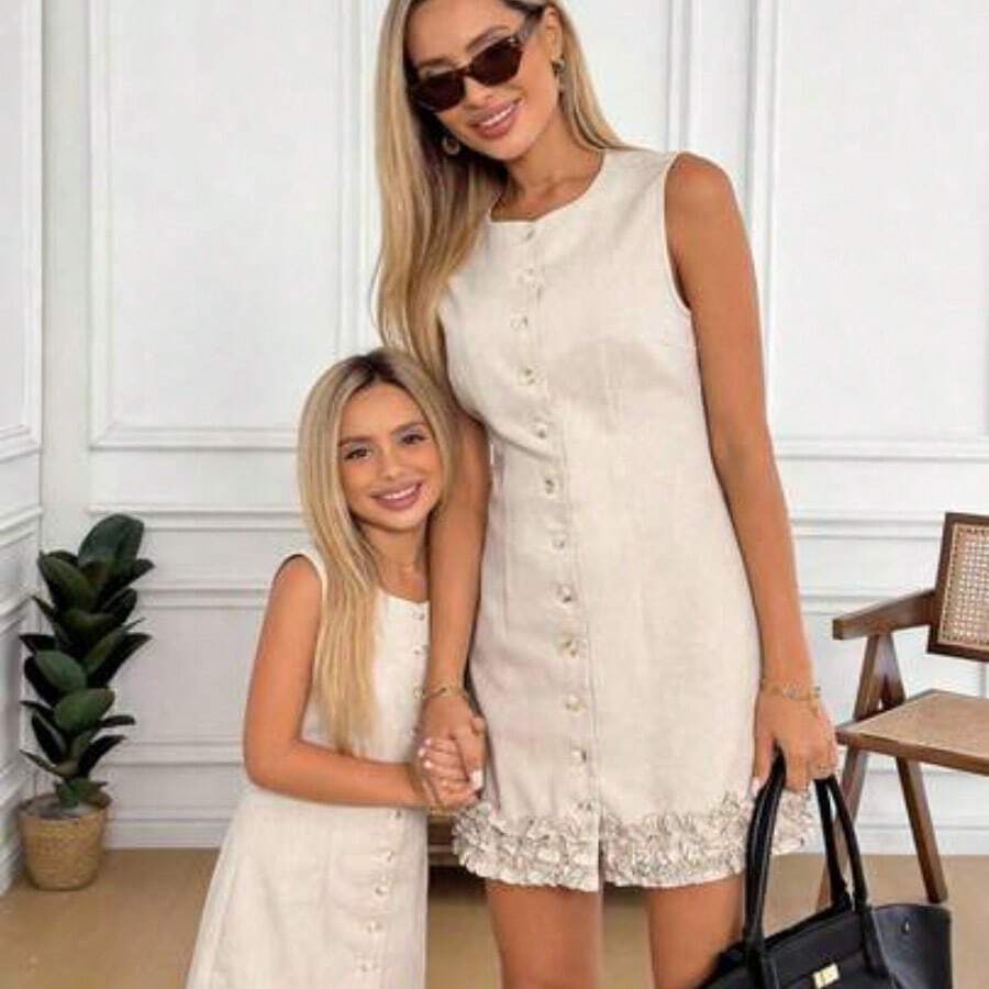 Button Front Cinched Waist A-Line Sleeveless Casual Vacation Elegant Mini Dress, Linen Material Summer Dresses For Women,Business Casual Woman Old Money Style - Albaricoque - Ver 1