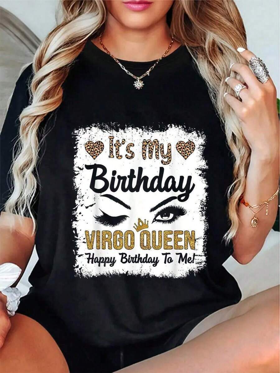 Camiseta Gráfica de Cumpleaños Reina Virgo para Mujer - Lema Divertido Es Mi Cumpleaños con Diseño de Corazones y Estrellas, Camiseta Negra Casual de Cuello Redondo Manga Corta para Verano, Lavable a Máquina, Ropa de Celebración, Ajuste Cómodo, Moda de Verano, Material Transpirable, Top Estampado, Armario de Verano - Negro - Ver 1