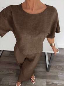 2 piezas Conjunto casual de mujer con camisa y pantalones plisados de unicolor - Marrón Mocha - Ver 3