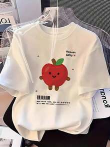 Camiseta Casual de Manga Corta para Mujer Estilo Y2K - Estampado de Frutas "Manzana", Tela Pura, Corte Holgado, Estilo Urbano, Top Informal para Verano, Camiseta Relajada de Moda - Blanco - Ver 1