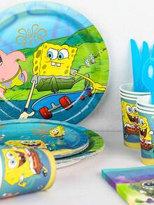 SpongeBob SquarePants SquarePants Series Birthday Party Set - Cartoon-Printed Triangular Flags, Dinner Plates, Paper Cups, Knives And Forks, Napkins, Tablecloth - All Included For A Complete Birthday Party Decoration Kit - Multiple Styles - View 6