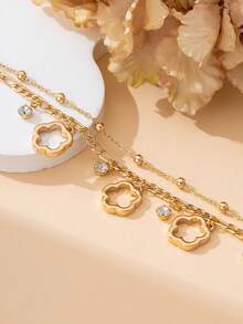 1 chiếc vòng chân nhiều lớp mặt dây chuyền hình cỏ ba lá rỗng, thanh lịch, sang trọng dành cho nữ (Do cắt thủ công, số lượng hạt trên dây có thể thay đổi, nhưng chiều dài cuối cùng vẫn giữ nguyên) - Vàng - Xem 4