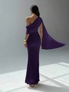 xheAloruh Vestido de mujer de unicolor con hombros asimétricosxhe - Morado - Ver 2
