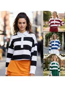 Women Striped Fall Tops Casual Half Button-Up Collared Long Sleeve Crop T-Shirts  Streetwear - màu đen - Xem 6