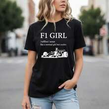 Women's F1 Graphic Print Cotton T-Shirt, Short Sleeve, Round Neck, Racing Car Print, Casual Top, Sizes S-5XL, Breathable Pure Cotton T-Shirt For Motorsport Fans, Fashionable And Stylish T-Shirt, Regular Fit, Suitable For Spring, Summer And Autumn. - 黑色 - 查看 7