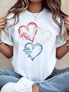 Camiseta con diseño de corazón rojo, blanco y azul, inspirada en la bandera patriótica estadounidense, para mujer, top casual de verano, ropa de moda. - Blanco - Ver 6