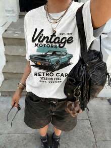 Camiseta de Mujer con Estampado Gráfico de Coche Retro Vintage, Manga Corta, Hombros Caídos, Cuello Redondo, Estilo Casual 2026 - Blanco - Ver 1