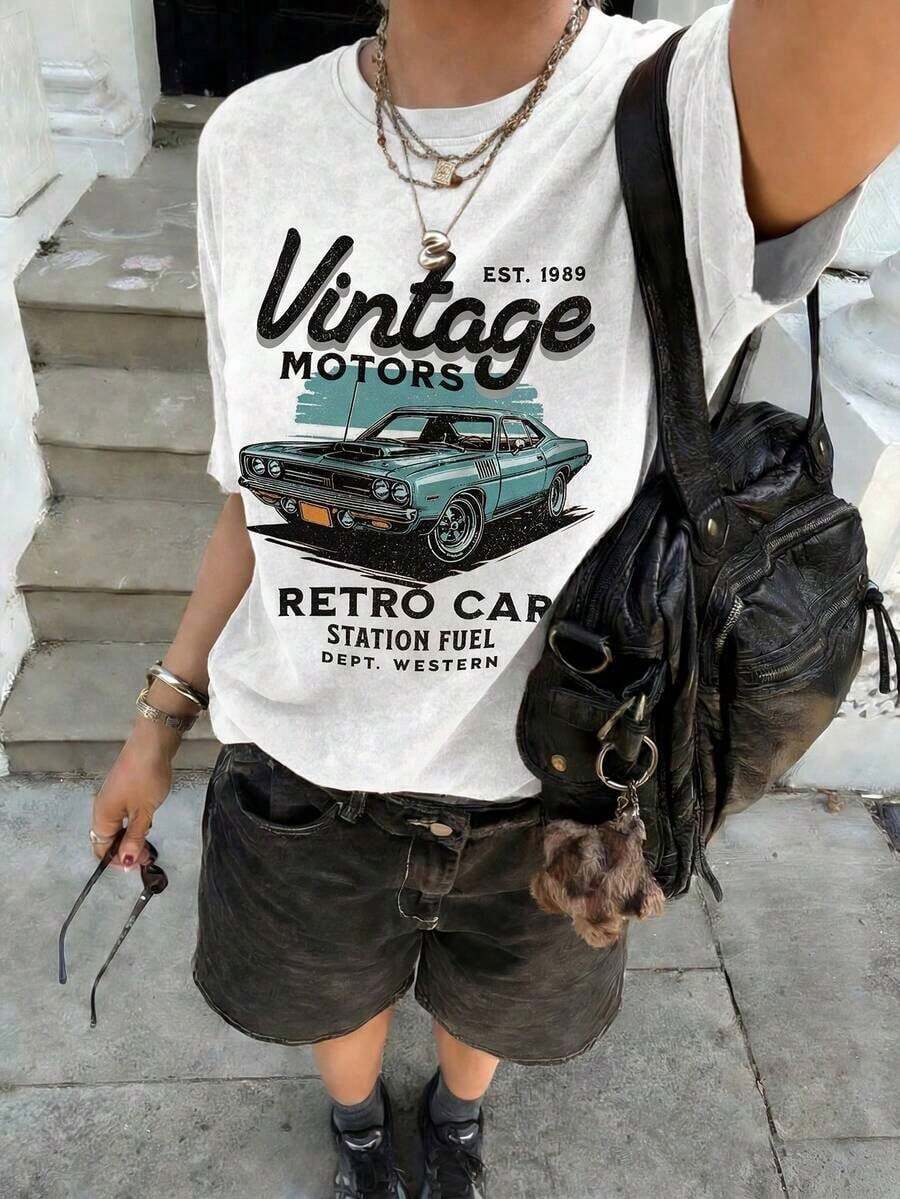 Camiseta de Mujer con Estampado Gráfico de Coche Retro Vintage, Manga Corta, Hombros Caídos, Cuello Redondo, Estilo Casual 2026 - Blanco - Ver 1