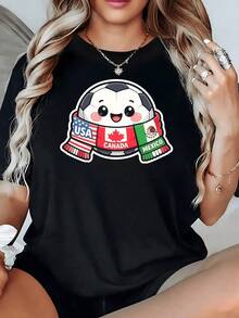 Pelota sonriente con bufanda de banderas de USA Canadá y México simbolizando unidad alegría y pasión por el fútbol camiseta de mujer casual cómoda y moderna - Negro - Ver 8