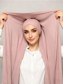 1pc 3-In-1 Ready-To-Wear Chiffon Hijab With Built-In Magnet And Inner Cap/All-In-One Ready-To-Wear Hijab--No Pins Needed, Non-Slip Fit, Quick Wear - Leather Pink - View 3