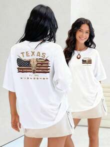 Cráneo de toro sobre la bandera americana camiseta para mujer, simboliza fuerza y libertad con el texto Texas arriba y estrellas abajo, confort 100% algodón.Suitable for spring, summer and autumn - Blanco - Ver 7