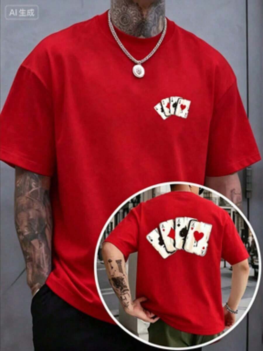 Under The Radar Poker Card Print Short Sleeve T-Shirt, 100% 210G, Double-Sided Print, Custom Design On Chest And Back, Casual Crew Neck, Fashionable Men's T-Shirt, Comfortable In All Seasons - Unisex Loose Fit Short Sleeve Crew Neck Cotton T-Shirt With Urban Vintage Style. 100% Cotton - 紅色的 - 查看 1
