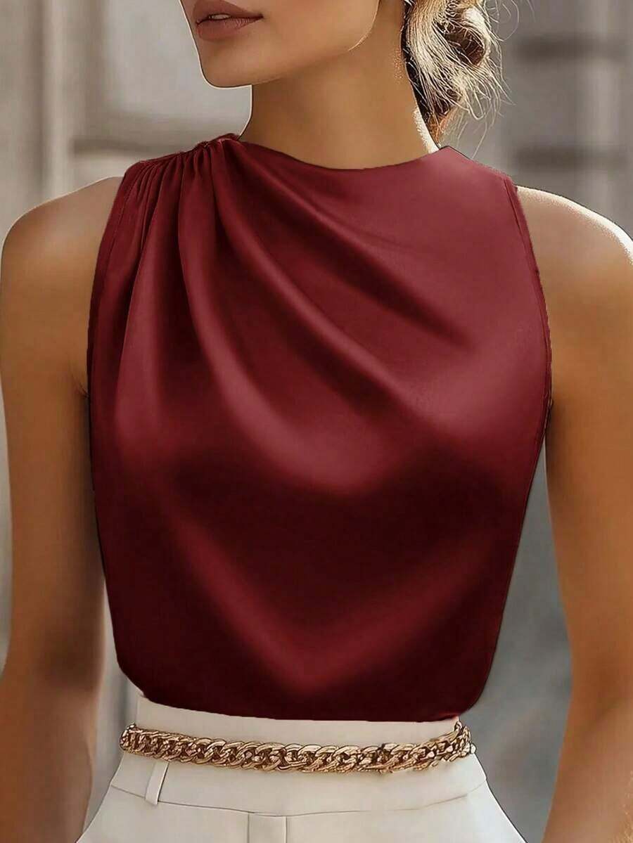 Blusa formal ajustada sin mangas con volantes en los hombros expuestos, color champán, adecuada para ir a la oficina, primavera y otoño-verano - Burdeos - Ver 1
