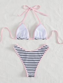 PEPPERMOLLY Bộ bikini tam giác kẻ sọc dành cho nữ, áo hai dây có thể điều chỉnh và quần bikini, thích hợp cho bãi biển, bơi lội và kỳ nghỉ. - Đen và trắng - Xem 3