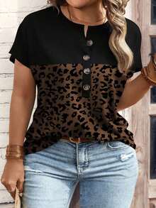 Camiseta de manga corta con cuello en V y estampado floral geométrico de color café oscuro, talla grande, para primavera/otoño - Multicolor 6 - Ver 12