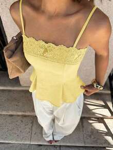 Camiseta de tirantes elegante de unicolor con parches de encaje para el verano - Amarillo - Ver 4