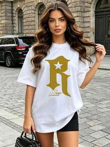 Women's Summer Casual Soft Round Neck Short Sleeve T-Shirt,The Star Letter R Print Graphic Is Suitable For Daily Wear In Spring And Summer.White - White - View 2