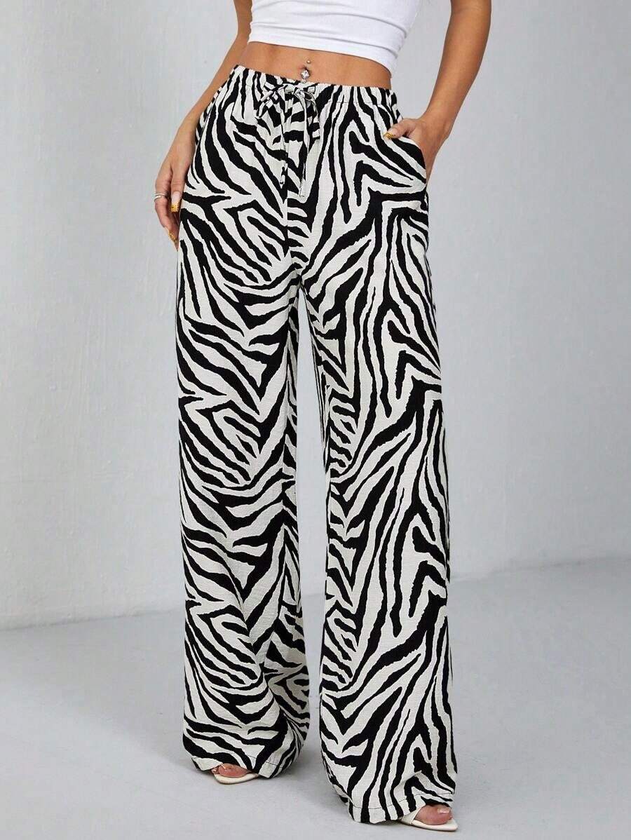 PETITE Pantalones anchos de estampado de leopardo para mujer - Negro - Ver 1