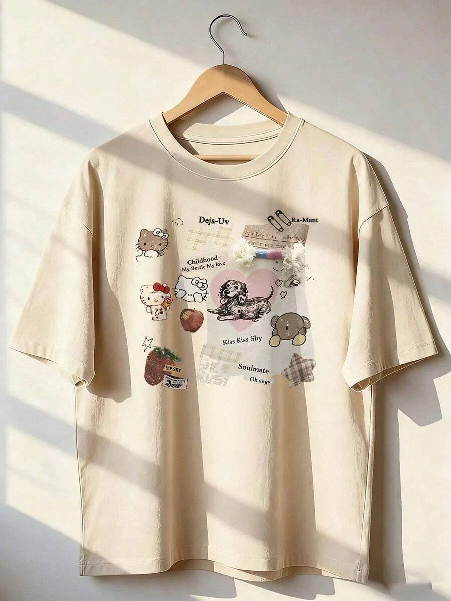 Camiseta con Collage de Personajes Lindos y Elementos Scrapbook,Camiseta de manga corta de moda para primavera y verano de 2026, hecha en México, 180 gramos. Estampado de dibujos animados, modelo de pareja, apta para uso interior o exterior. Cuello redondo, unisex, ideal para oficina y ocio. Paquete de una pieza. - APR-P631577SLNDXZGY506 - Ver 1