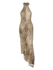 Bestselling Leopard Print Wrap Dress, High Waist, Open Back, Fitted Cut - Gold - View 6