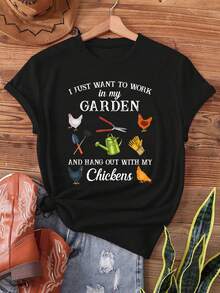 Printed T-Shirt "I Work In My Garden, I Hang Out With My Chickens", Short Sleeves And Round Neck, Casual Garment For Summer And Spring, Women's Clothing - 黑色 - 查看 1