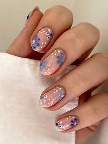24pcs Blue Floral Minimalist Fresh Short Oval Fake Nails, Wearable Removable Full Coverage Artificial Nails, Suitable For Party, Wedding, Daily Wear - Multicolor - View 9