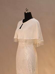 1pc White Printed Short Crystal Tassel Women's Cape, Suitable For Wedding, Party, And Formal Occasions - White - View 8